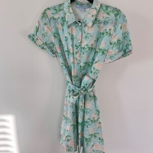 Hill House "Laura" Short Belted Linen Shirt Dress sz XS in Blue Roses